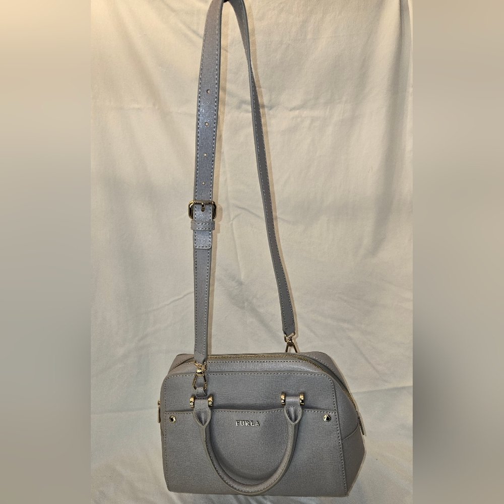 Furla Gray Saffiano Leather Satchel Crossbody Bag Gold Hardware - Picture 3 of 14